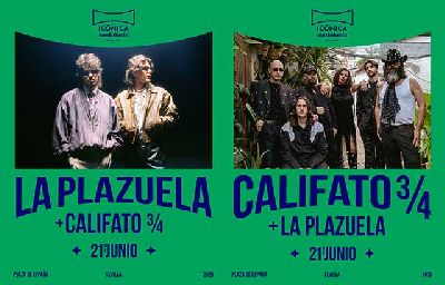 Cartel del concierto de Califato 3/4 y La Plazuela en el festival Icónica Sevilla Fest 2026