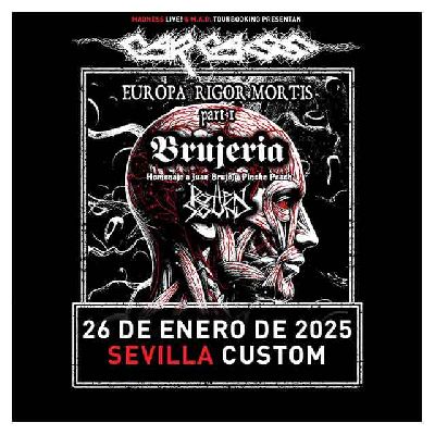 Cartel del concierto de Carcass, Brujería y Rotten Sound en Custom Sevilla 2025