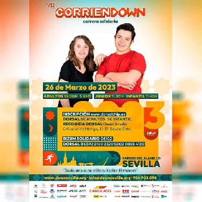 Cartel de la carrera solidaria Corriendown 2023 en Sevilla