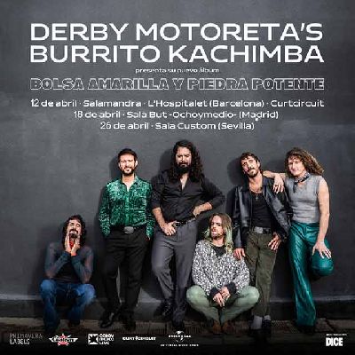Cartel de la gira Bolsa amarilla y piedra potente 2024 de Derby Motoreta's Burrito Cachimba