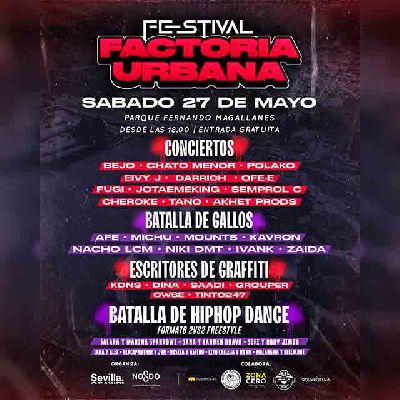 Cartel del Festival Factoría Urbana en el parque Fernando Magallanes de Sevilla 2023