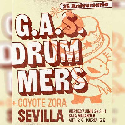 Cartel del concierto de los grupos G.A.S. Drummers y Coyote Zora en Malandar Sevilla 2024