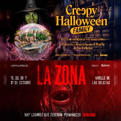 Cartel de La zona y Creepy Halloween en el Muelle de las Delicias de Sevilla 2026