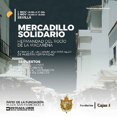 Cartel del Mercadillo solidario de la Hermandad del Rocío de la Macarena en Cajasol Sevilla 2025