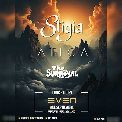 Cartel del concierto de Stigia, Ática y The Surroyal en la Sala Even Sevilla 2023