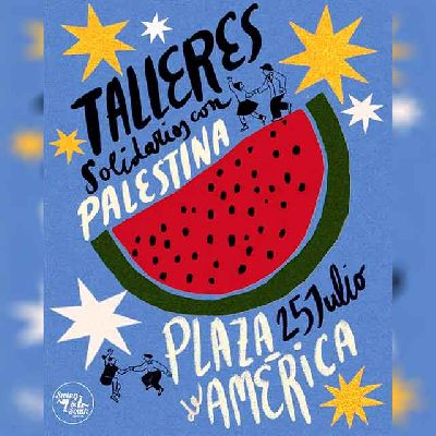 Cartel de los Talleres solidarios con Palestina en la plaza de América de Sevilla 2025