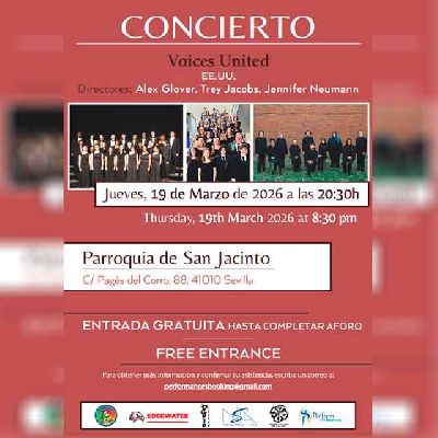Cartel del coro Voices United en la iglesia de San Jacinto de Sevilla 2026
